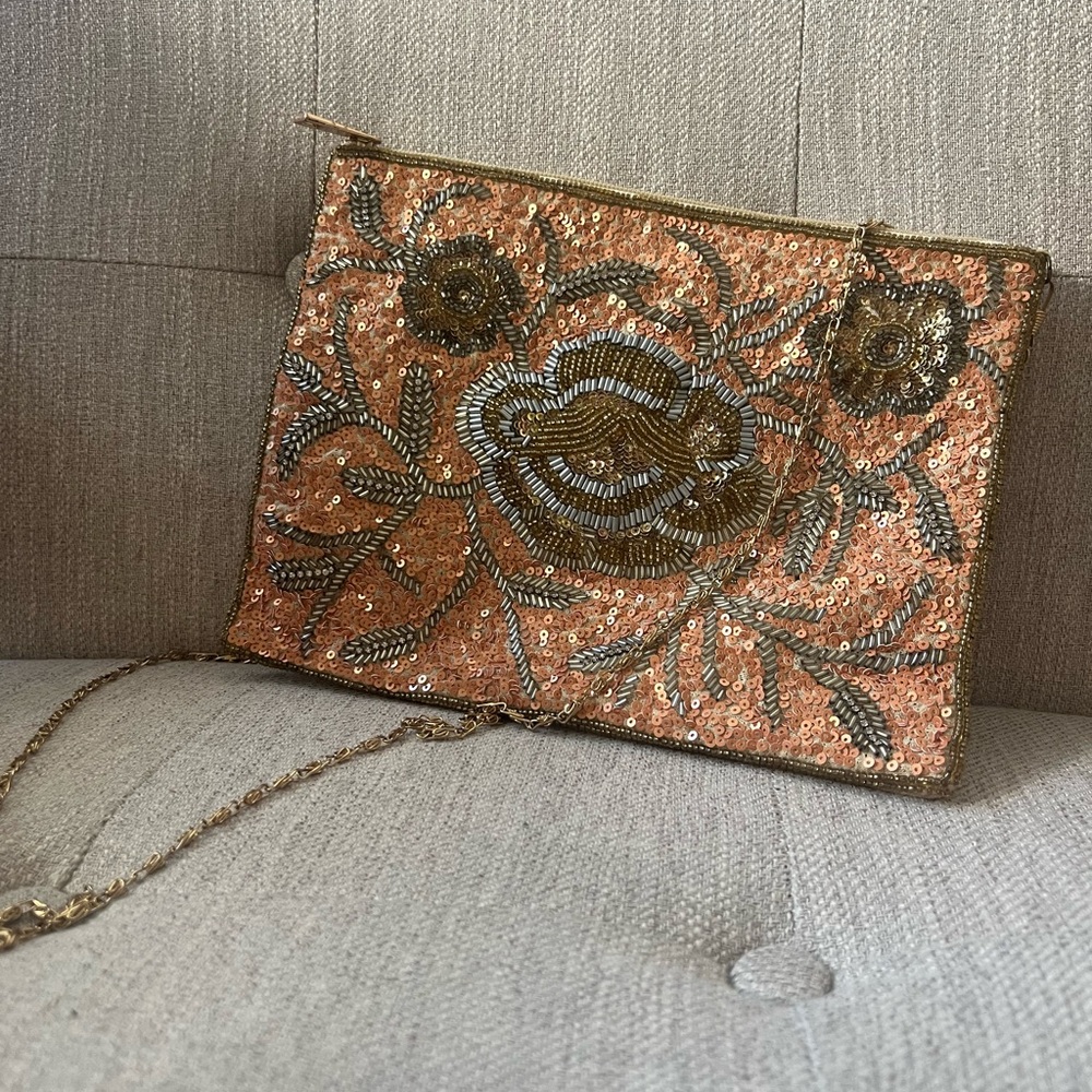 Embellished/Beaded Gold and Peach Clutch Bag, crossbody